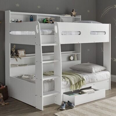 Wooden Bunk Bed, Polaris White Wooden Storage Bunk Bed Frame, 3ft Single