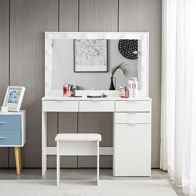 White Dressing Table Stool Set with LED Bulbs Light Mirror Vanity Make up Desk