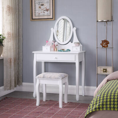 White Dressing Table with Mirror 3 Drawers Stool Moderen Makeup Desk Bedroom