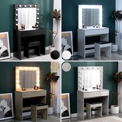 Dressing Table with LED Mirror Modern Makeup Desk Vanity Table Set + Stool