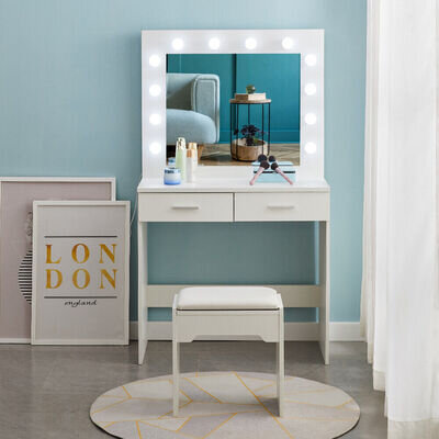 White Modern Dressing Table with LED Lights Mirror Vanity Make up Desk Stool Set