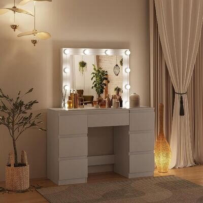 WOLTU Modern Dressing Table Set with Large Mirror and 7 Drawers Wood Makeup Desk