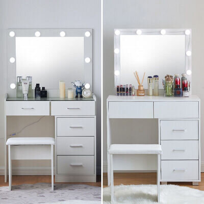 Dressing Table Makeup Desk Vanity Set w/ LED Lights Mirror + Stool New