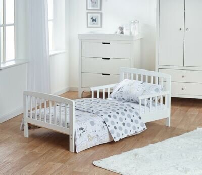 White Toddler Bed With Mattress & Bedding Set Safari Theme Plus Rails for safety
