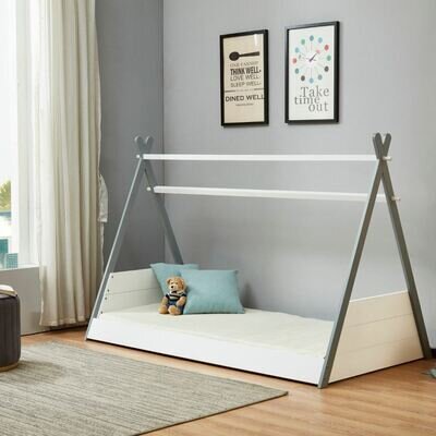 Children's Wooden Bed, Teepee Theme Bed White and Grey Single 4 Mattress Options