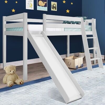 Kids Bunk Beds 3FT Wooden Bed Frame Mid Sleeper with Slide and Ladder Cabin Bed