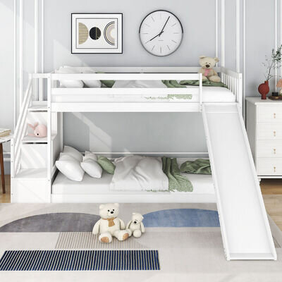 Double Single Kids Wooden Bunk Beds with Slide and Ladder 3FT Bed Frame White