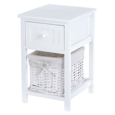 LIVIVO Shabby Chic Bedside Table Drawers Cabinet 1 Wicker Storage Wooden White