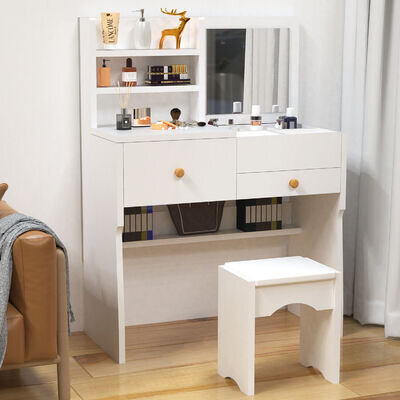 Dressing Table with LED Mirror Modern Makeup Desk Vanity Table Set + Stool White