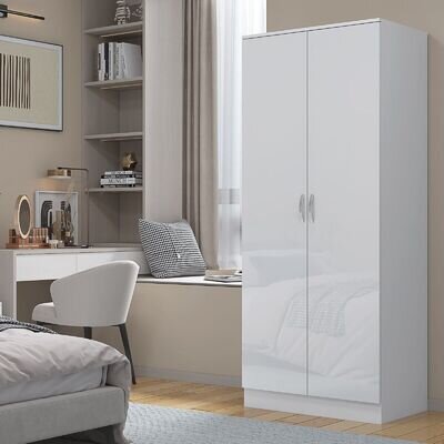 High Gloss White 2 Door Wardrobe Hanging Rail Bedroom Furniture Storage Modern