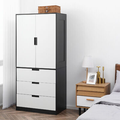 2 Door Wardrobe Modern Wardrobe with 3 Drawer and Hanging Rod for Bedroom Black