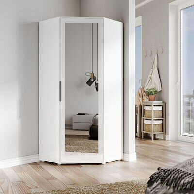 Corner Mirrored Wardrobe Modern White High Gloss Door with Hanging Rail Shelves